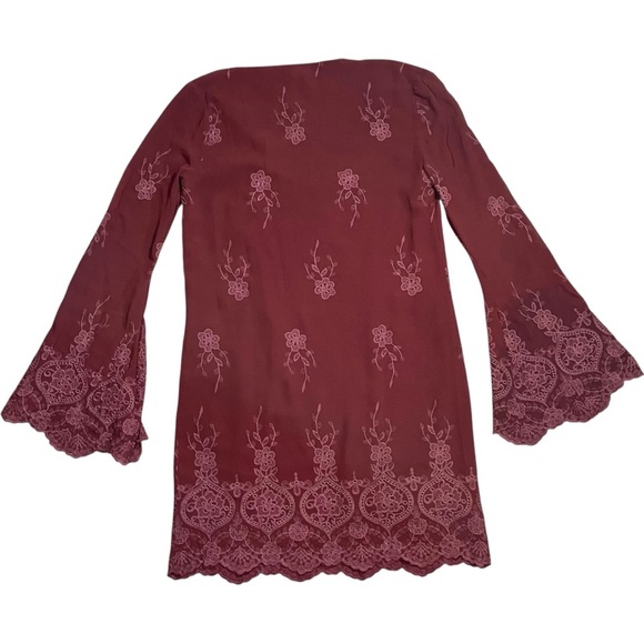 Wayf Burgundy Embroidered Flair Sleeved Dress sz S - Picture 5 of 13